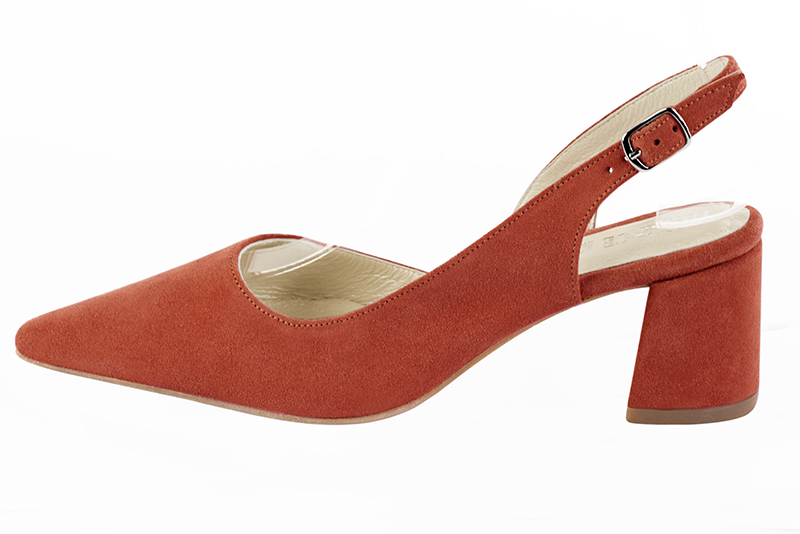 Terracotta orange women's slingback shoes. Pointed toe. Medium flare heels. Profile view - Florence KOOIJMAN
